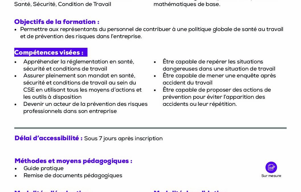 RH2 Formation initiale CSE CSSCT entreprises moins de 300